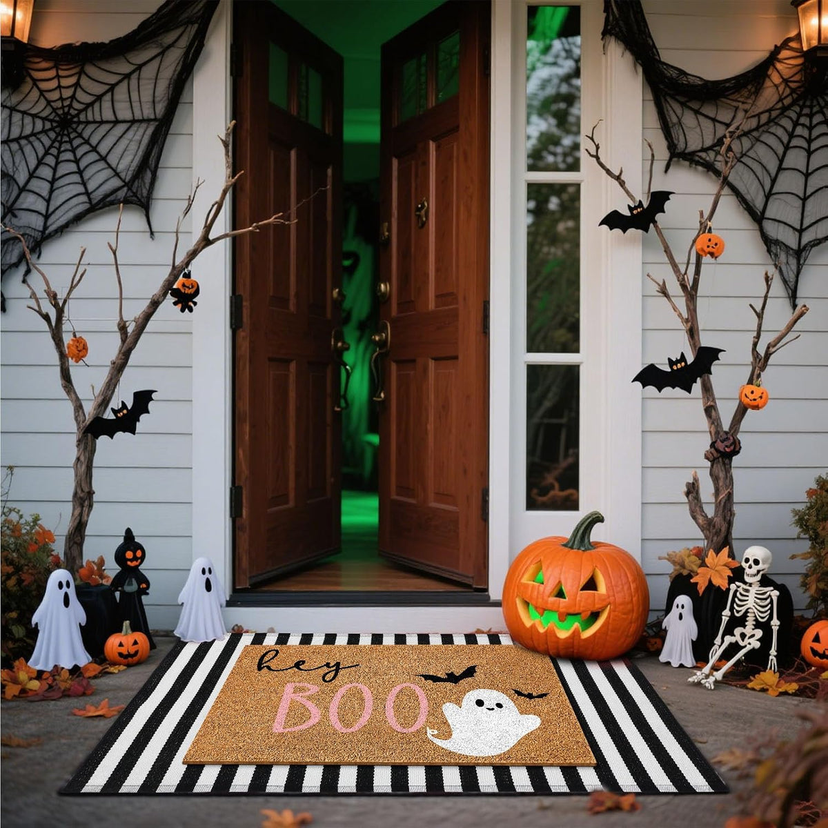Duraaamo 2 Pcs Halloween Door Mat Outdoor, Ghost Pink Boo Style, Non Slip