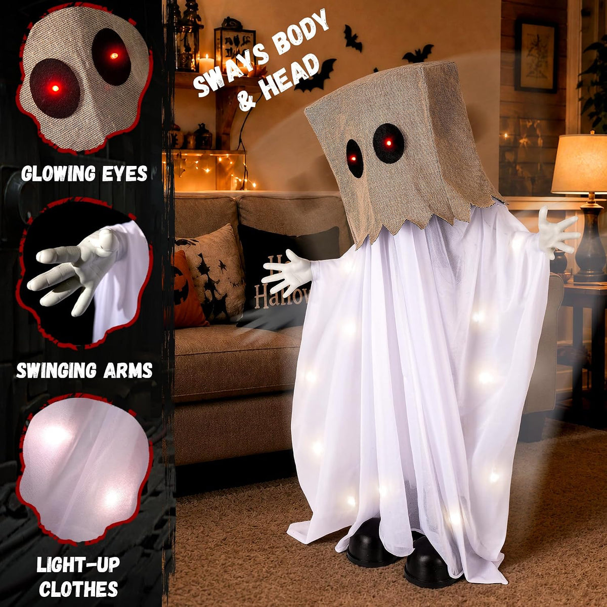 Halloween Animatronic Sack Ghost Decoration, 35" Sound Activated Scare G...