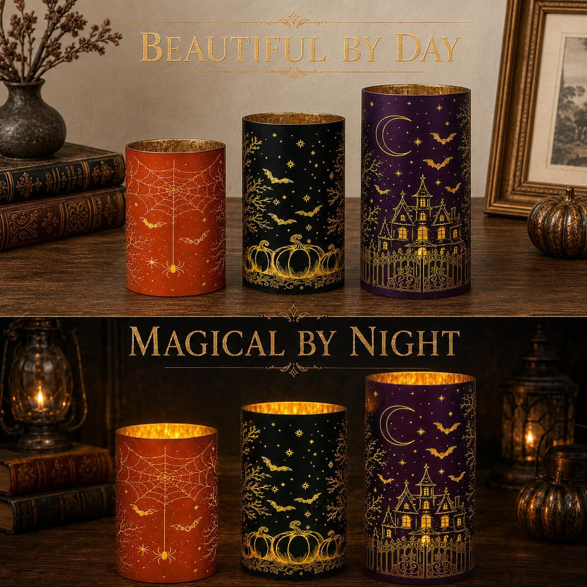Wind Shear Halloween Glass Lanterns Set of 3, Lighted Decor