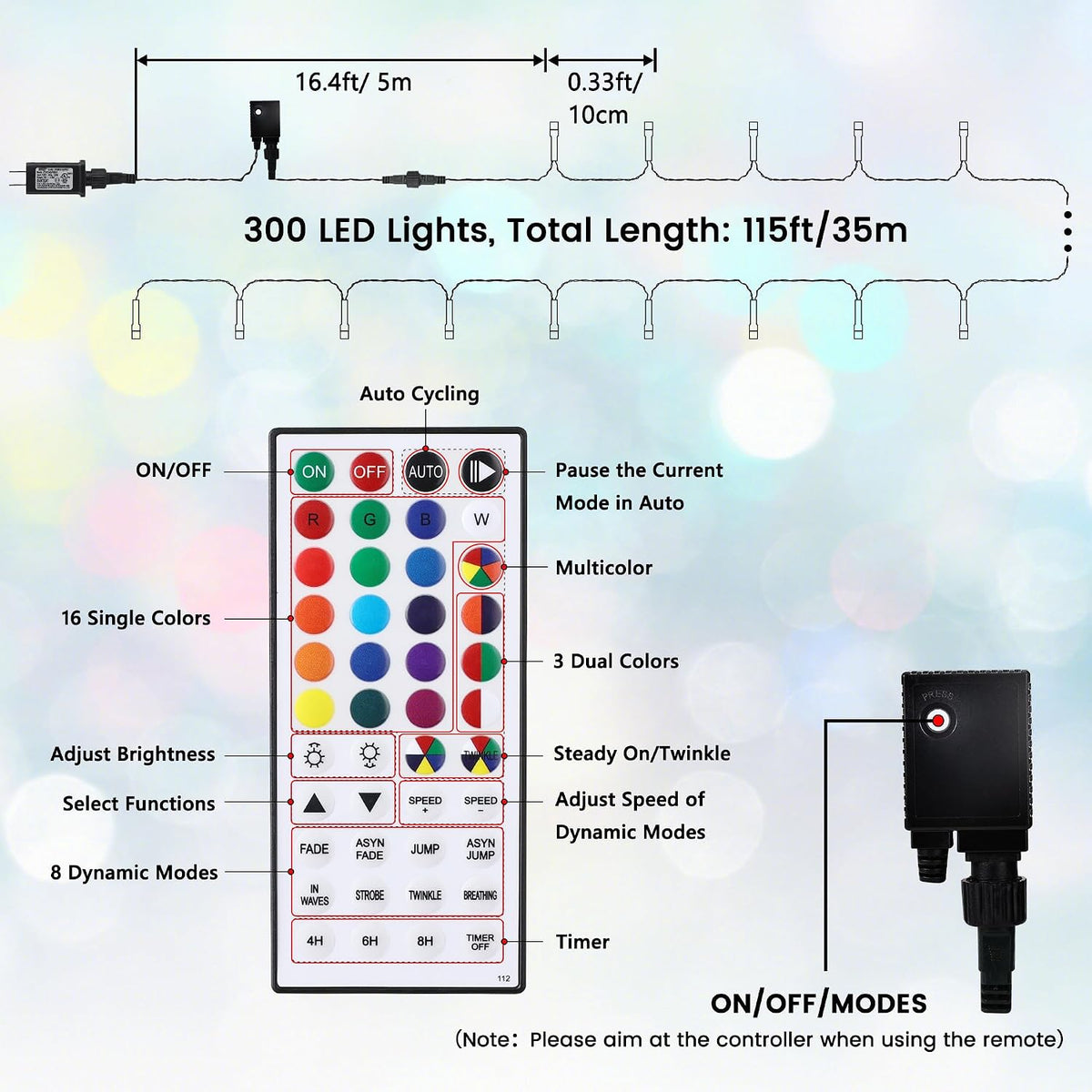 iShabao RGB Color Changing String Lights, 115 FT 300 LED Halloween Lights