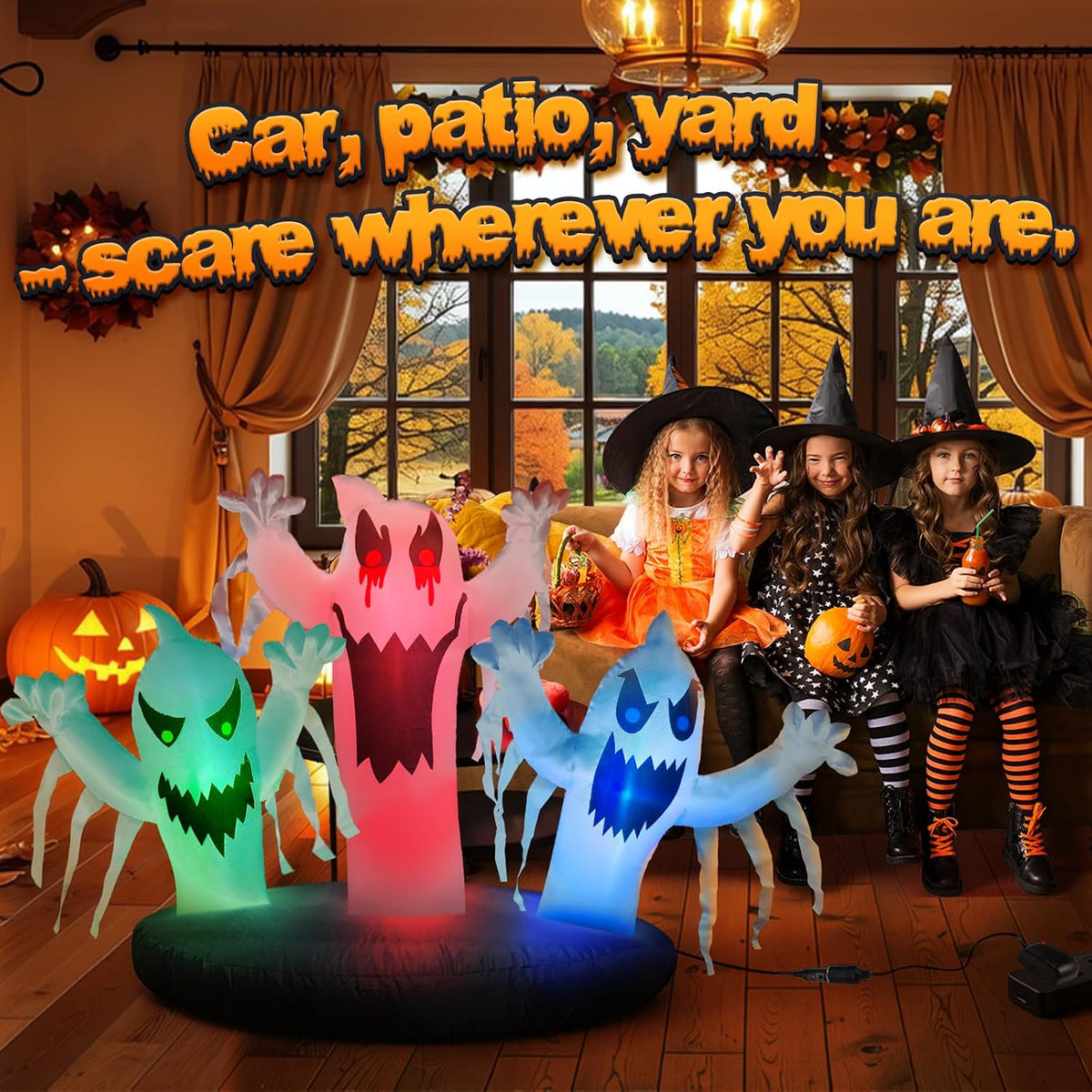 Trunk or Treat Car Decorations Kit 5ft Inflatable Ghost with Built-in LEDs, H...
