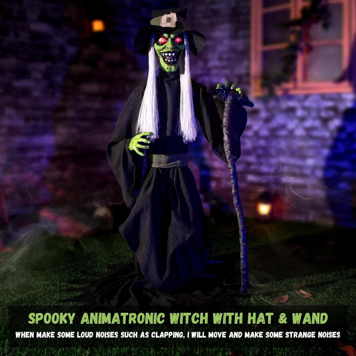 Halloween Animatronic Jump-Scare Witch Decoration, Sound Activated, Red Eyes,...