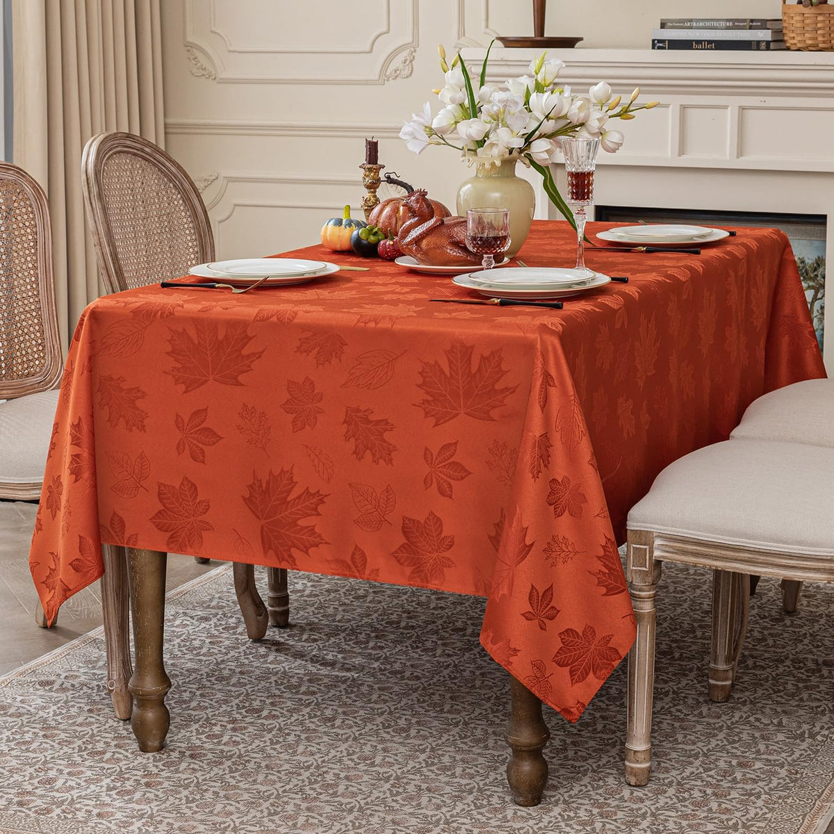 Softalker Fall Jacquard Rectangle Tablecloth, 60 x 144 Inch Burnt Orange