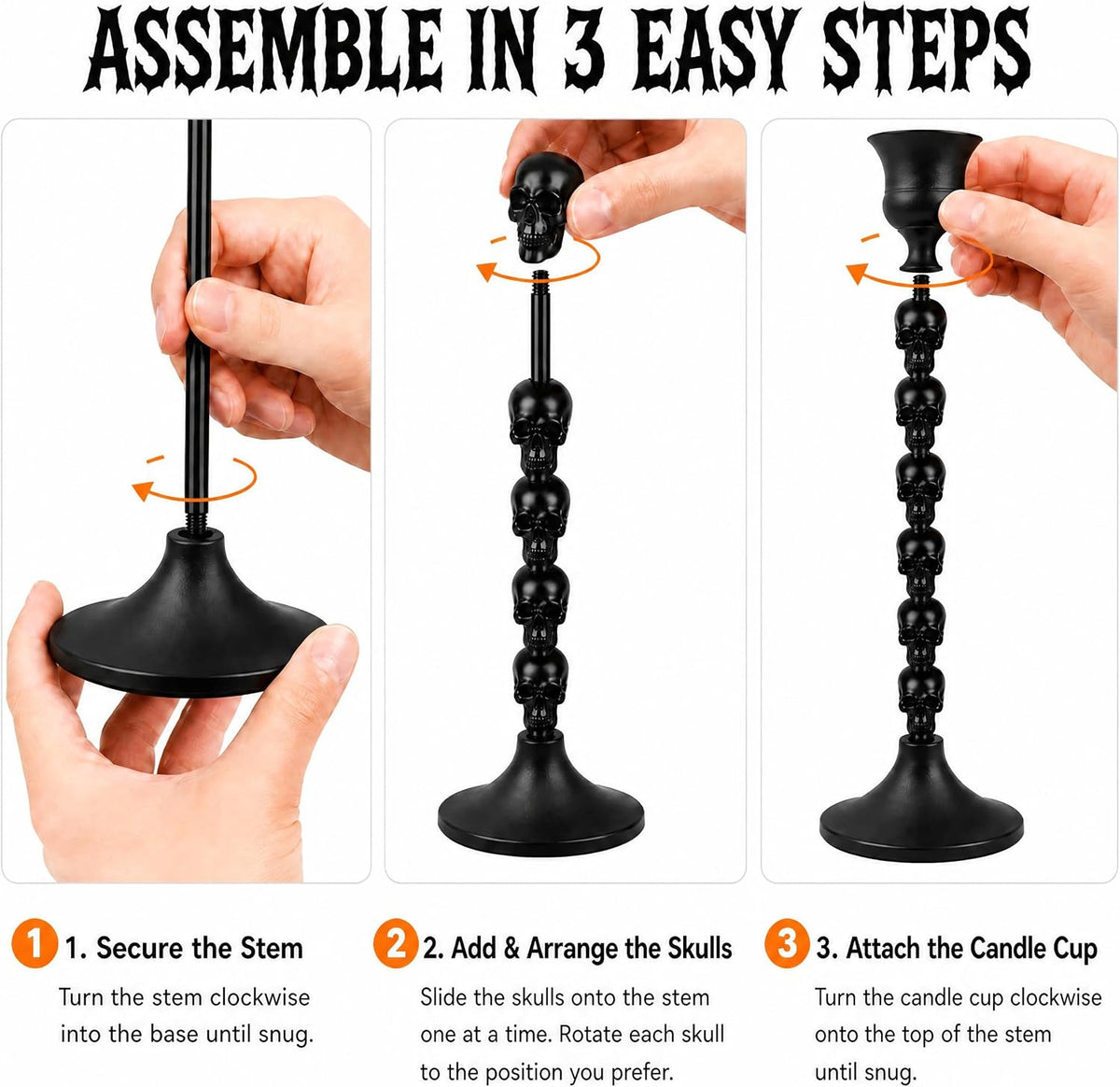 Skull Candle Holder, Gothic Taper Candlestick for Halloween, 6 Pack