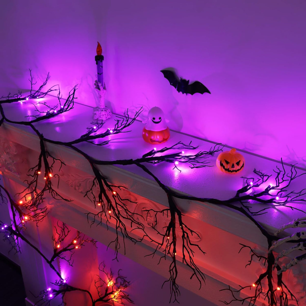 9 FT 66 LED Willow Vine Twig Decor Black Halloween Garland with Orange Purple...
