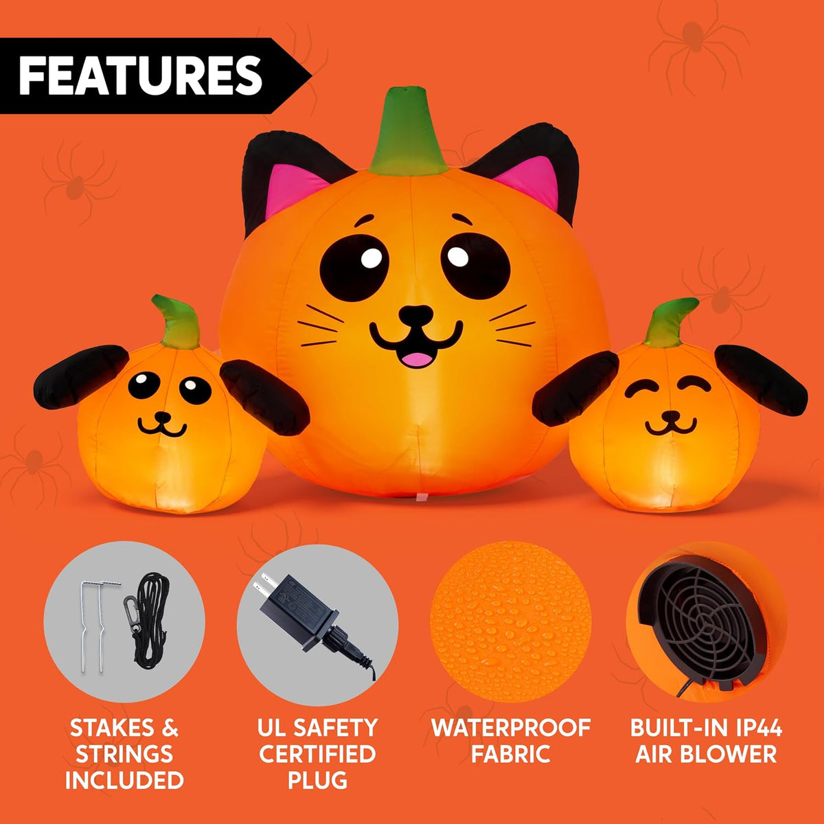 JOYIN 5FT Long Halloween Inflatable Pumpkin Cat & Dog Head Combo Outdoor ...