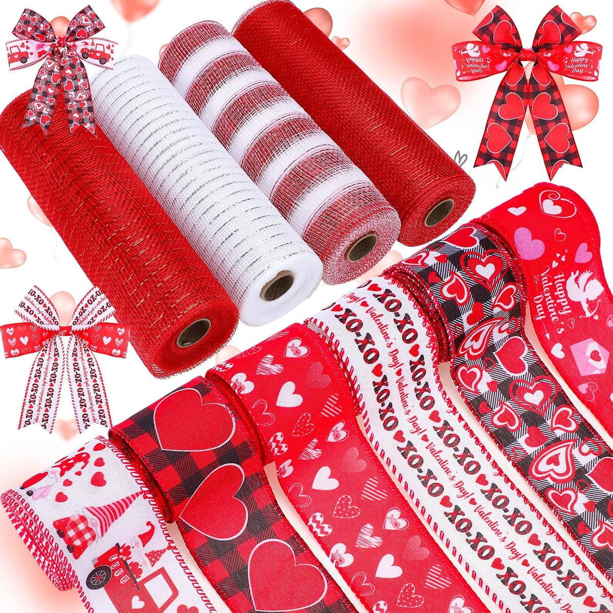 10 Pcs Valentine's Day Ribbon Including 4 Rolls Mesh Ribbon and 6 Rolls H...