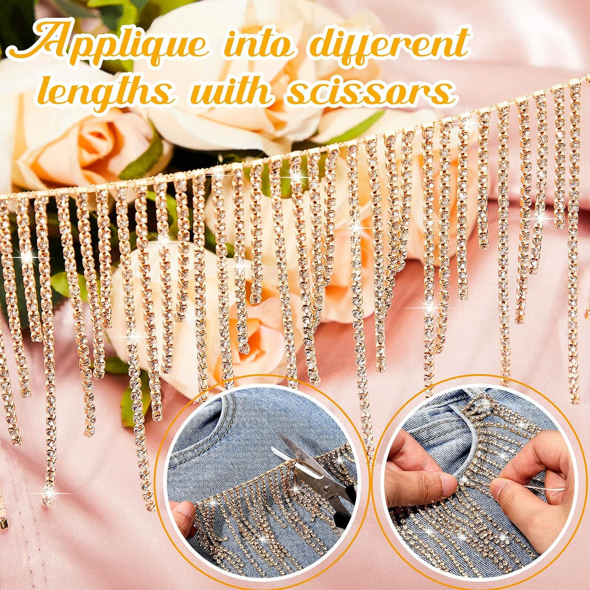 MTLEE Rhinestone Fringe Trim Fringe Belt, 4 Yard, Champagne