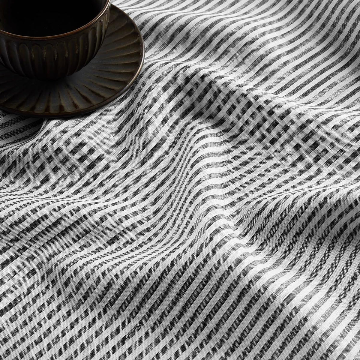 Solino Home 100% Pure Linen Table Runner, 14 x 108 in, Black, Narrow Stripe