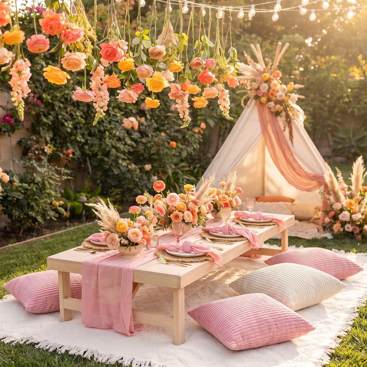 14 Pack Extra Large Pink Picnic Blanket Kit 91x71'' Outdoor Boho Pink...