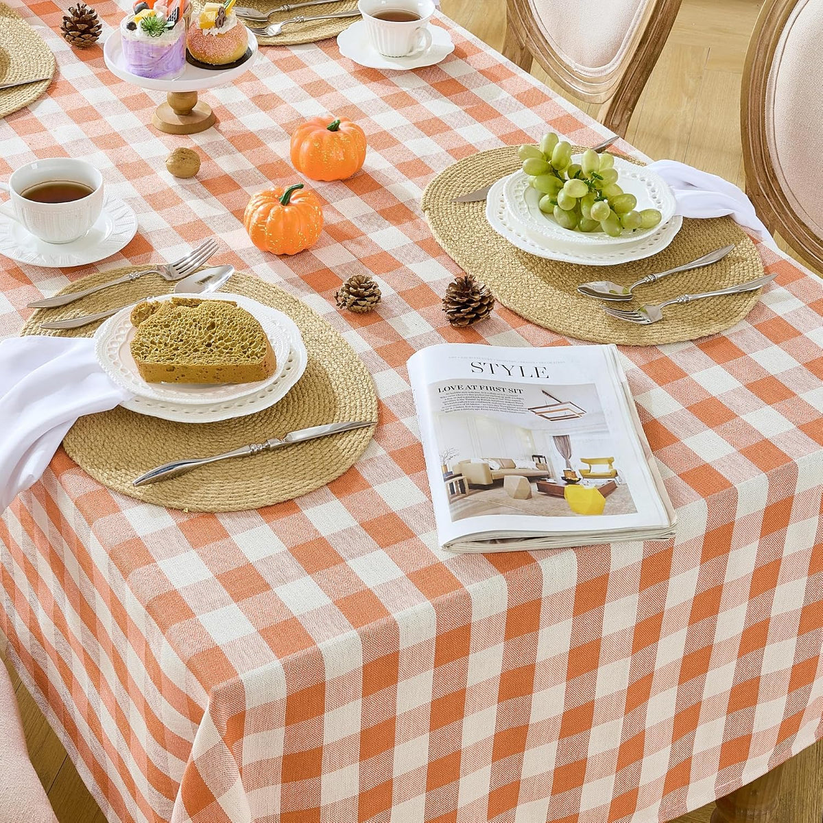 Orange Gingham Tablecloth, 60 x 90 Inch Rectangle Thanksgiving Table Cover