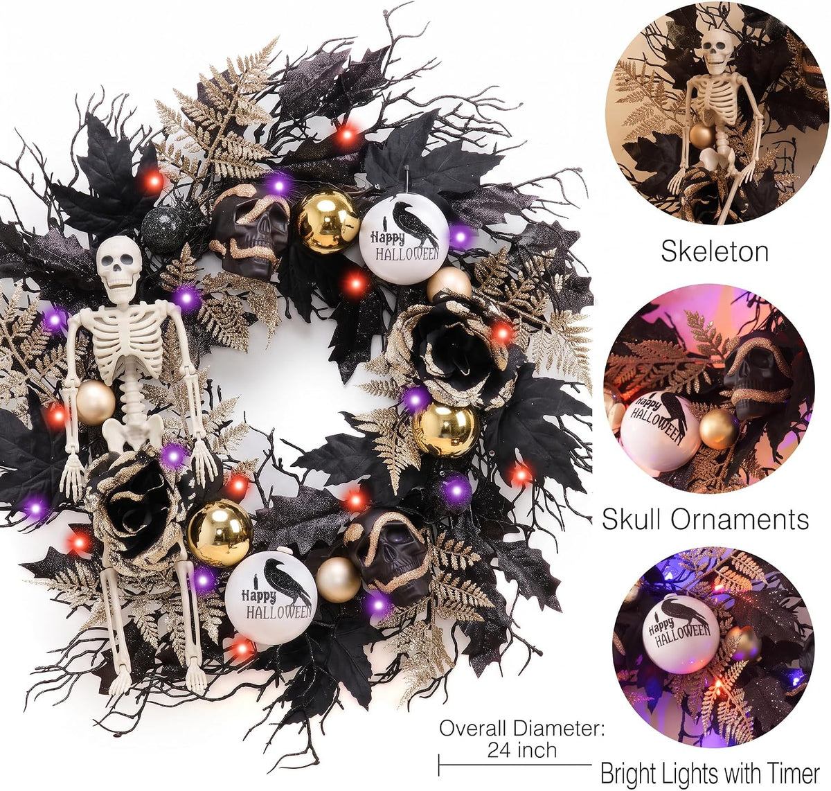 DecorbyHannah 24'' Skeleton Halloween Wreath with Lights for Front Door