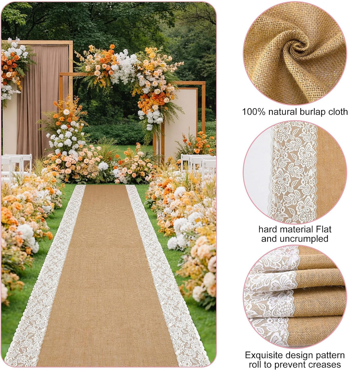 30Ftx36 in Natural Burlap Wedding Aisle Runner, Jute Weddings Runway Carpet