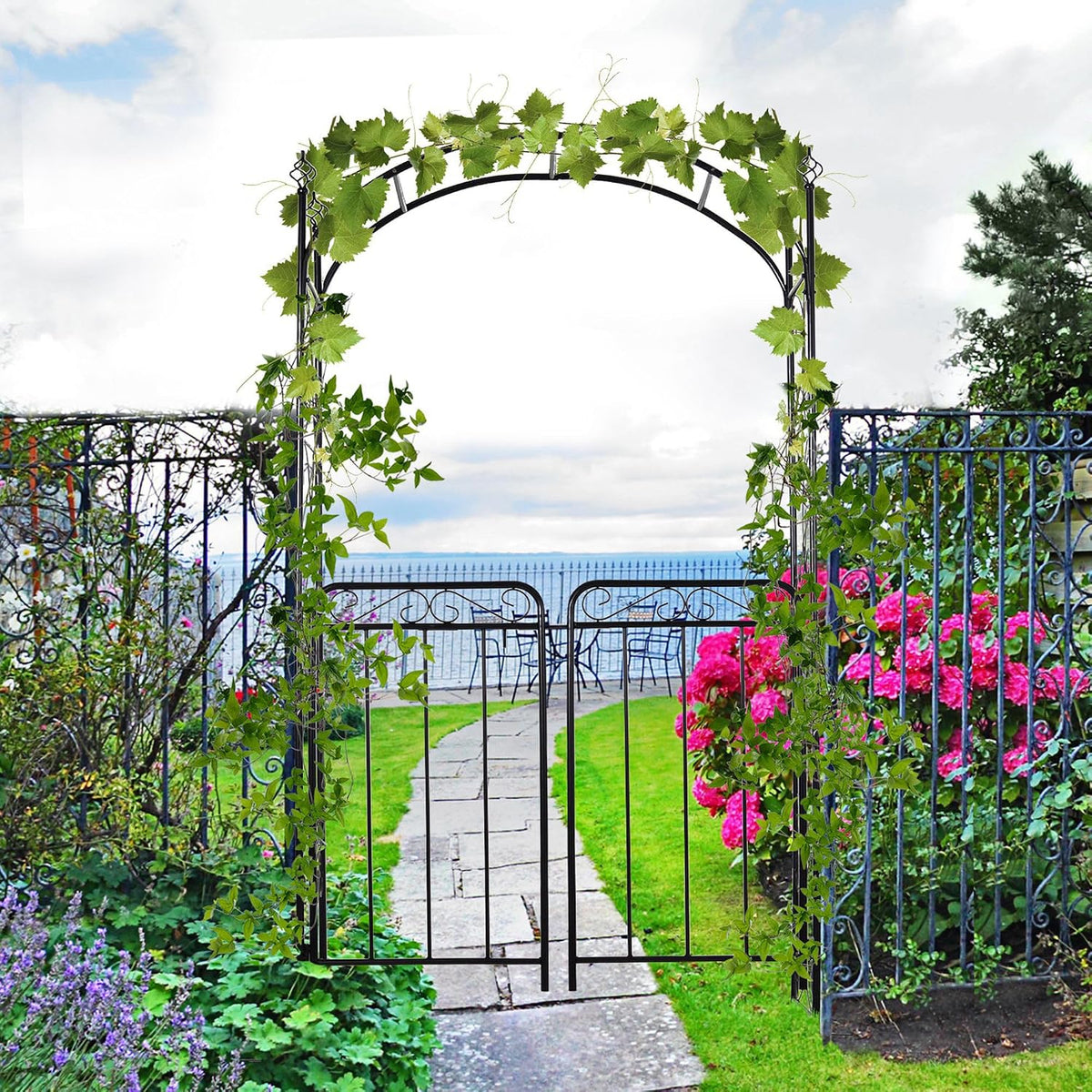 Outsunny 84" Garden Arch Arbor with Gate Metal for Climbing Vines Black