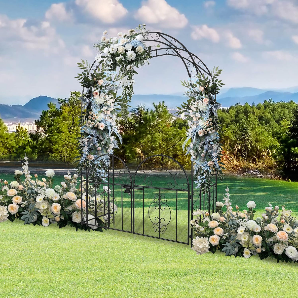 84in High Metal Garden Arbor with Gate, Heavy Duty Wide Garden Arch, Metal Ar...