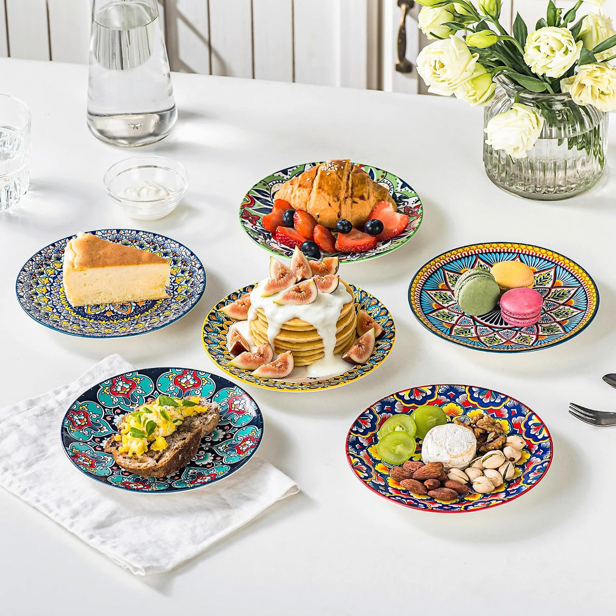 Boho Ceramic Dessert Plates Set of 6, 6 Inch Appetizer & Side Plates