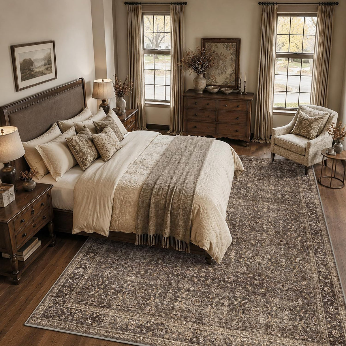 JOOJA 9x12 Dark Brown Vintage Soft Low Pile Washable Boho Large Area Rug