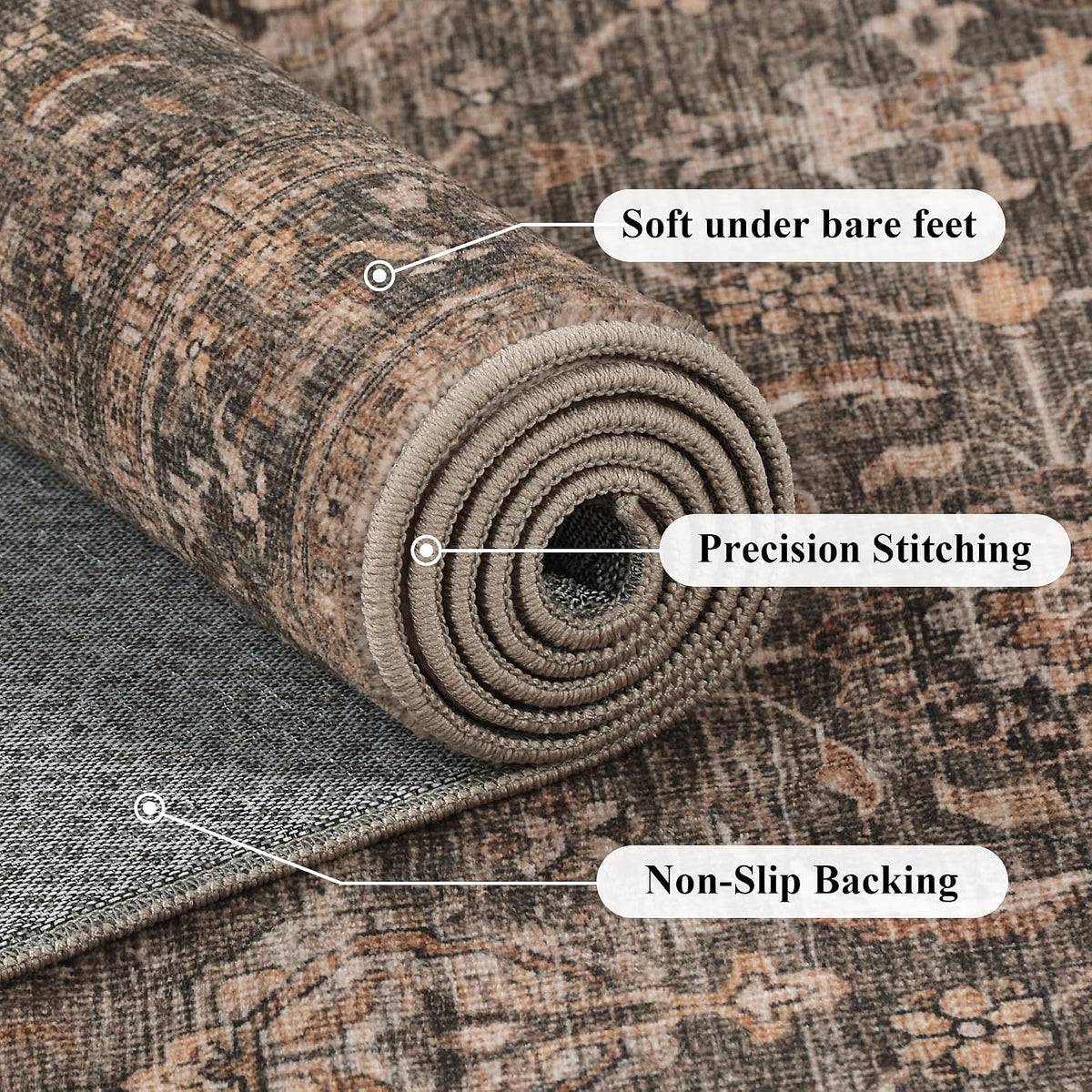 JOOJA 9x12 Dark Brown Vintage Soft Low Pile Washable Boho Large Area Rug