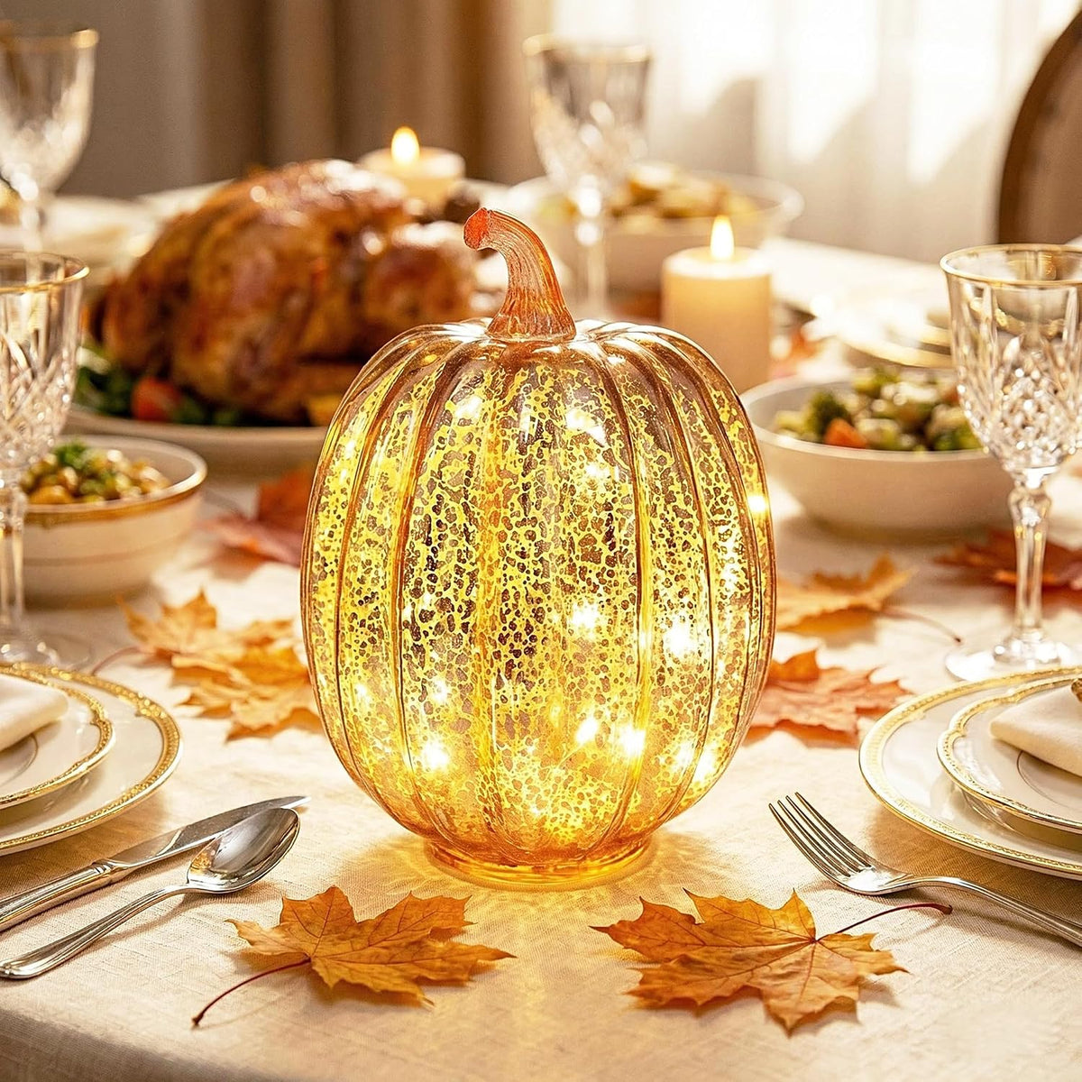 Fall Decorations for Home,Mercury Glass Pumpkin Lights with Timer(Rosegold)