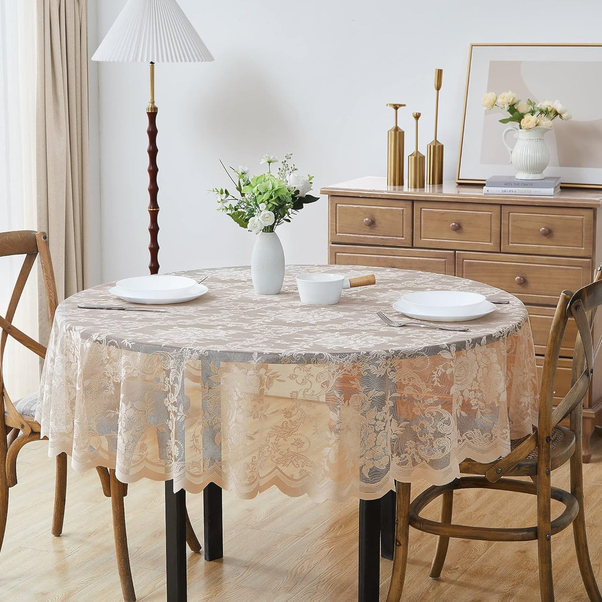 LinenZone Beautiful 120 Round Linen Lace Tablecloth. (Luna TC 120 R, Linen)