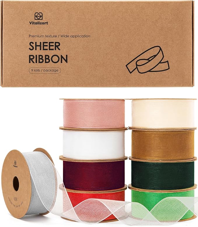Vitalizart Organza Ribbon 1" x 90Yd Mixed Color Sheer Ribbons Set 10 Yd x 9 Rolls Handmade for Gift Wrapping Christmas Tree Crafts Bows Wedding Invitations Wreaths Wrap