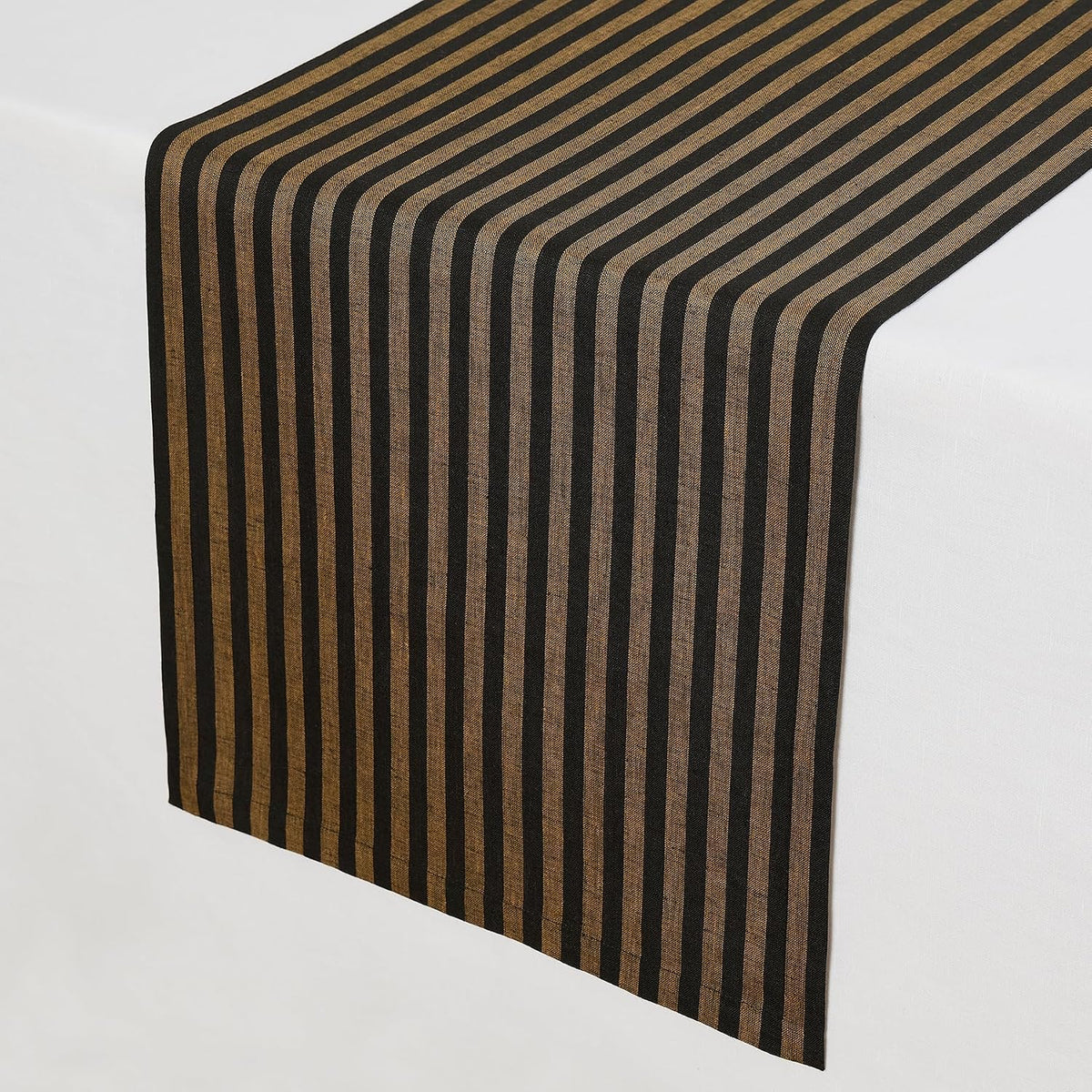 Solino Home 100% Linen Table Runner, 14 x 72 in, Brown and Black Striped