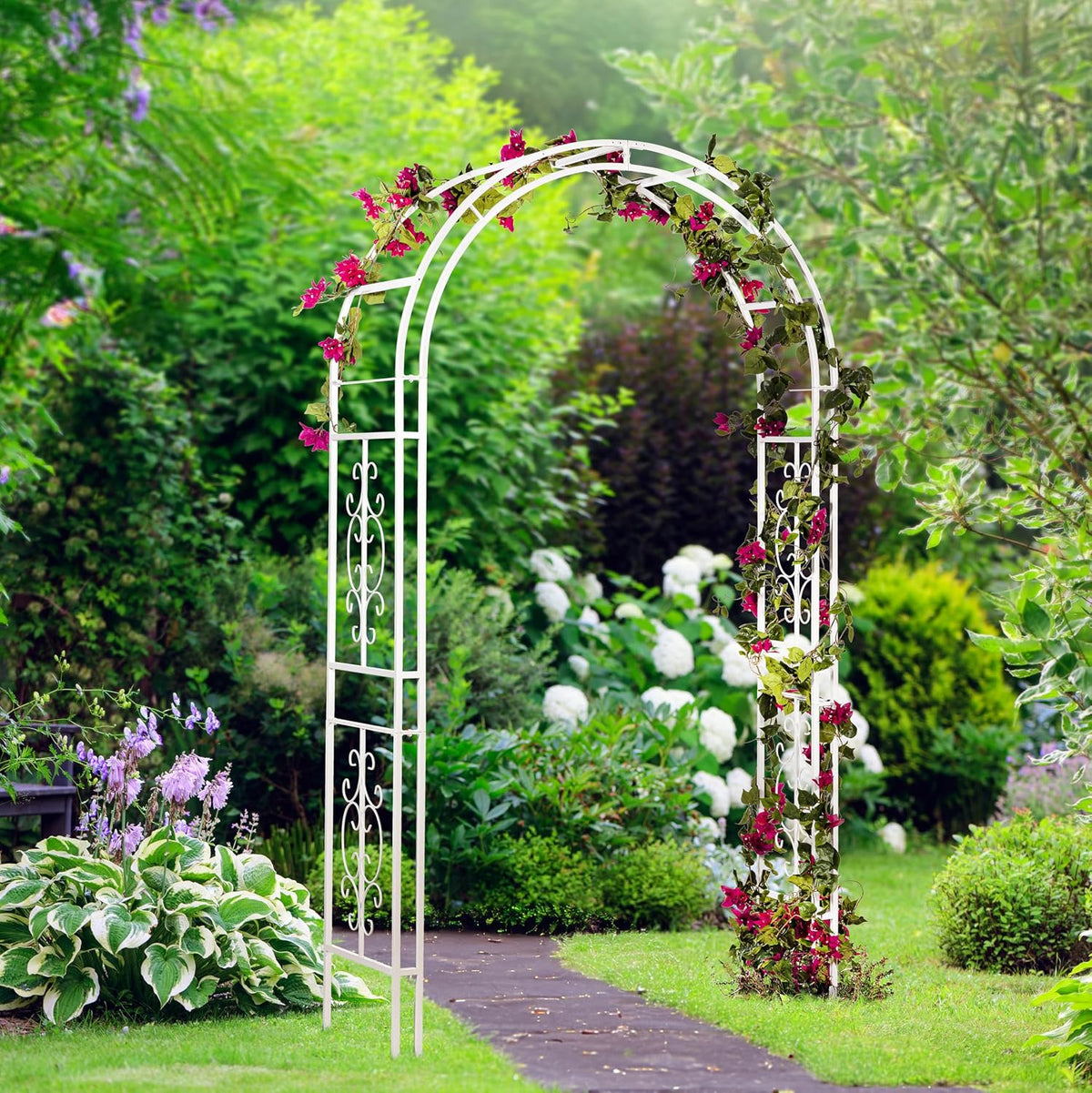 Plow & Hearth Arch Metal Outdoor Garden Arbor Montebello White, 7 Feet Ta...