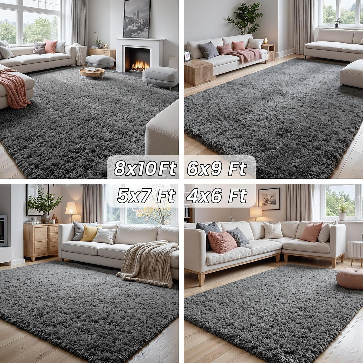 8x10 Fluffy Shag Area Rugs for Living Room Bedroom: Soft Plush Carpet Grey