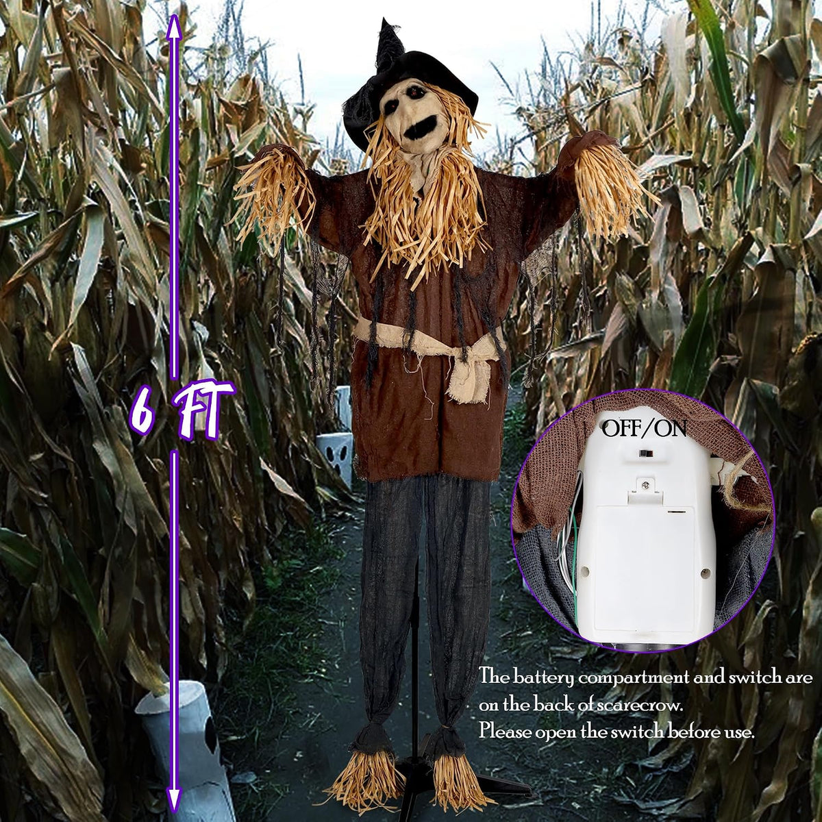 ATDAWN 6FT Halloween Standing Scarecrow, Life-Size Animated Ghost Decor with ...
