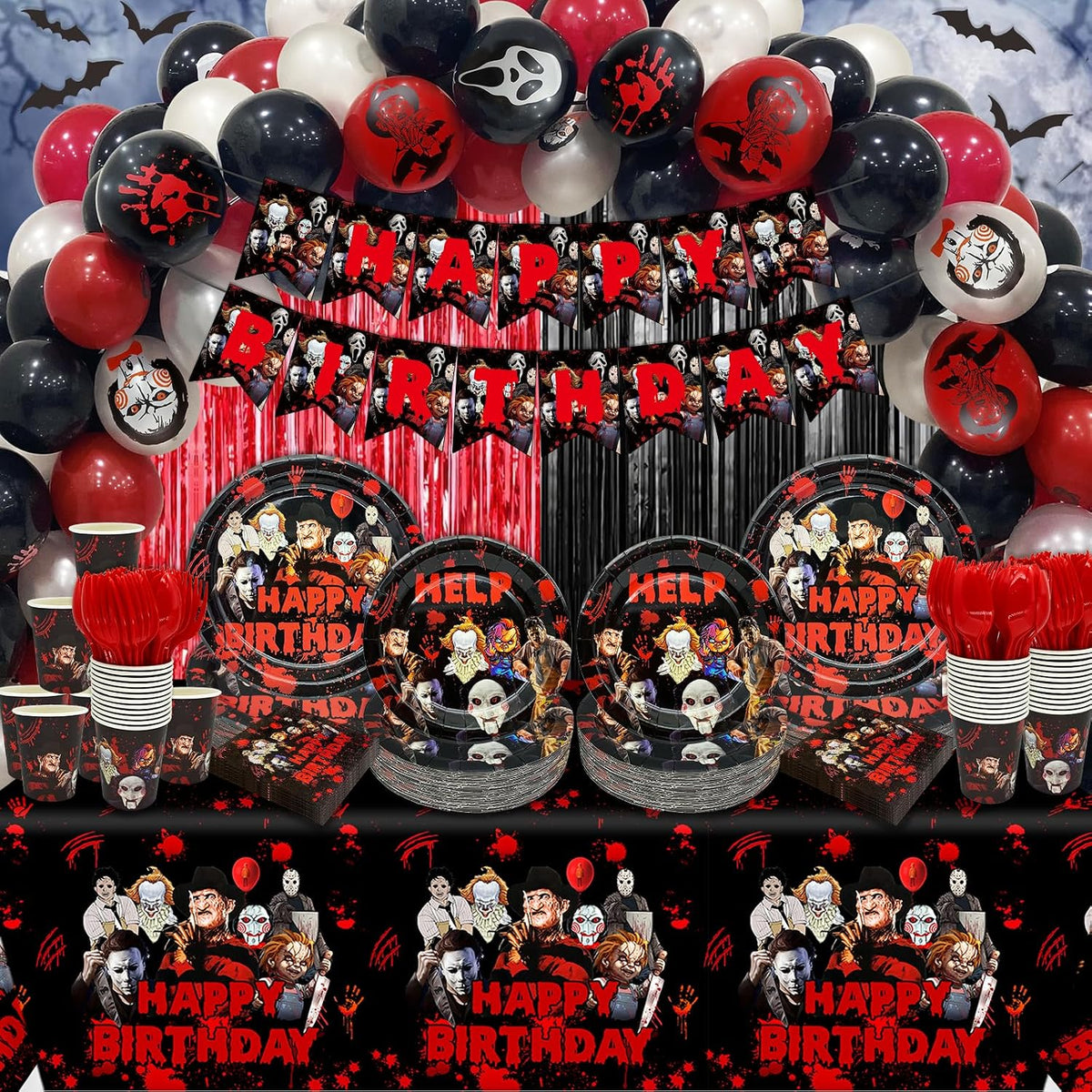 164 Pcs Horror Birthday Party Decorations Horror Movie Birthday Banner Happy ...