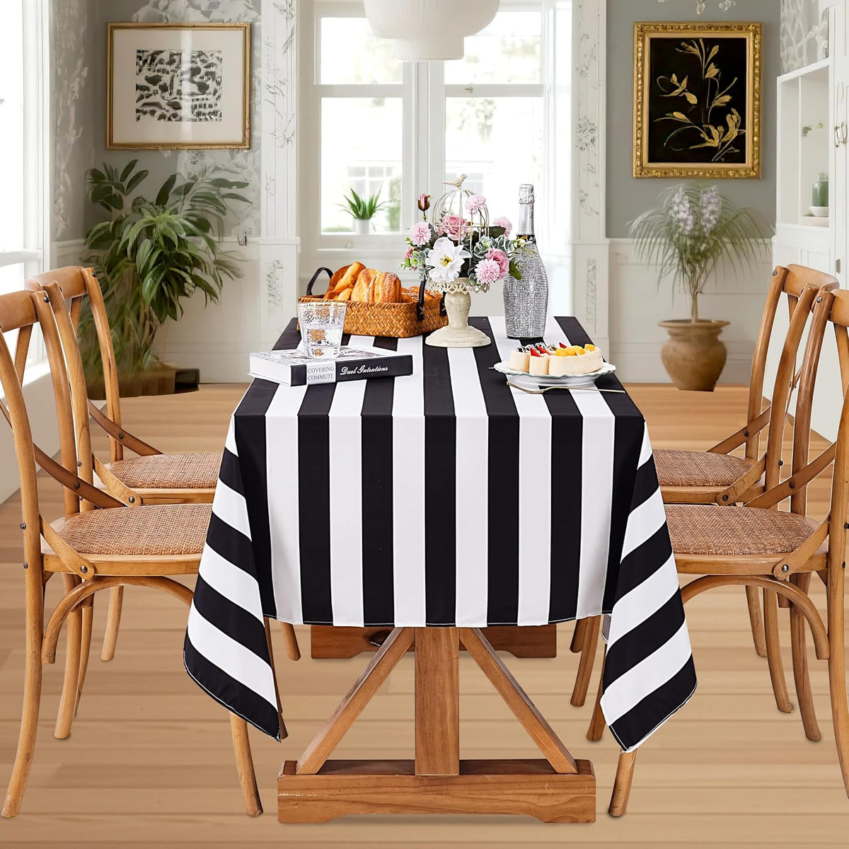 Black and White Striped Rectangle Tablecloth 57x84 Inch 2 Pack Modern Decor