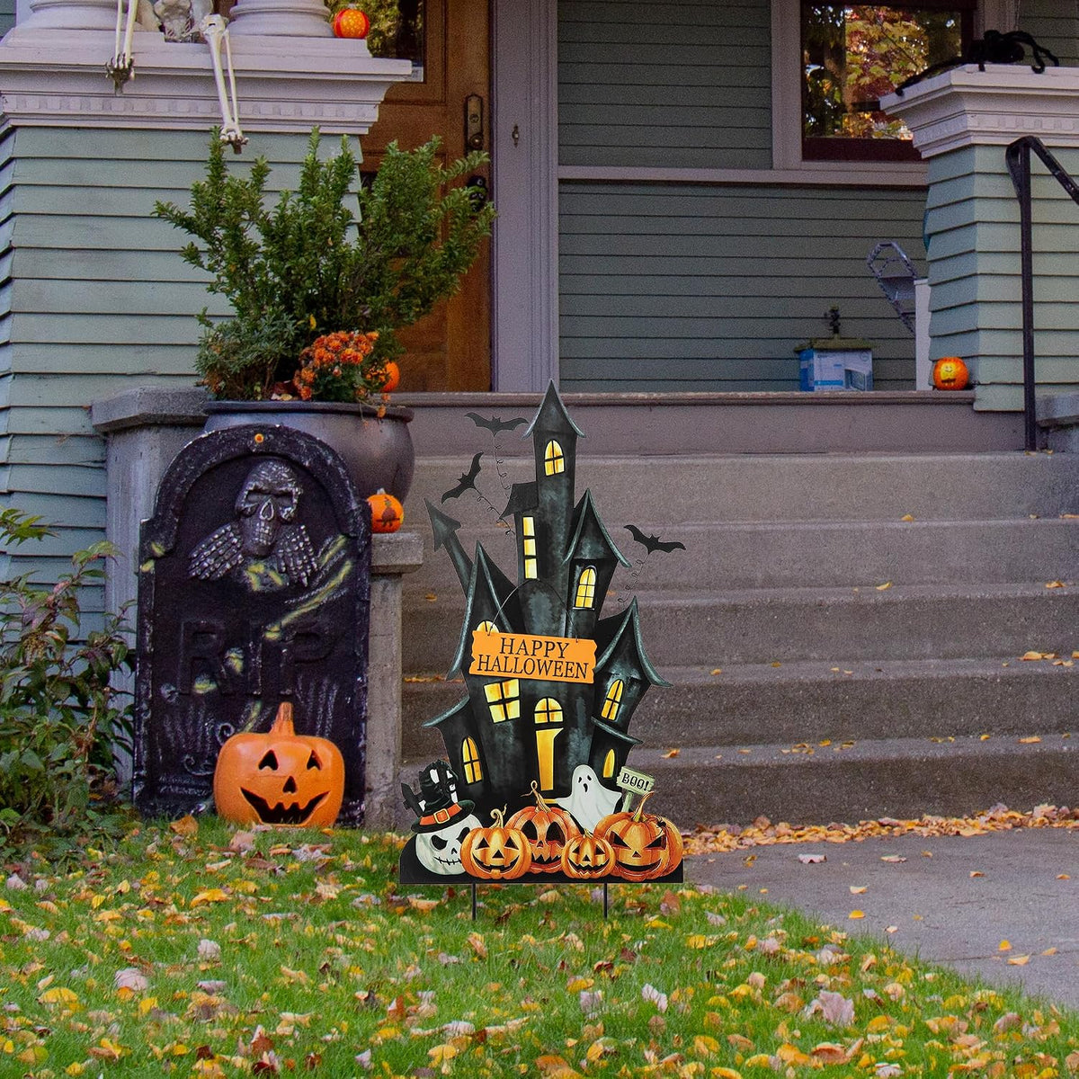 Glitzhome 32" H Halloween Metal Haunted House Yard Stake/Hanging Decor,H...