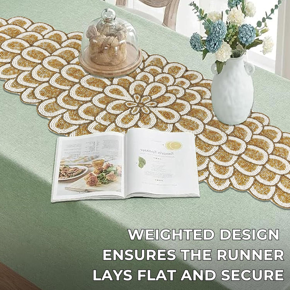 CLEENTABLE Gold Beaded Table Runner, 36 in, Farmhouse Holiday Décor