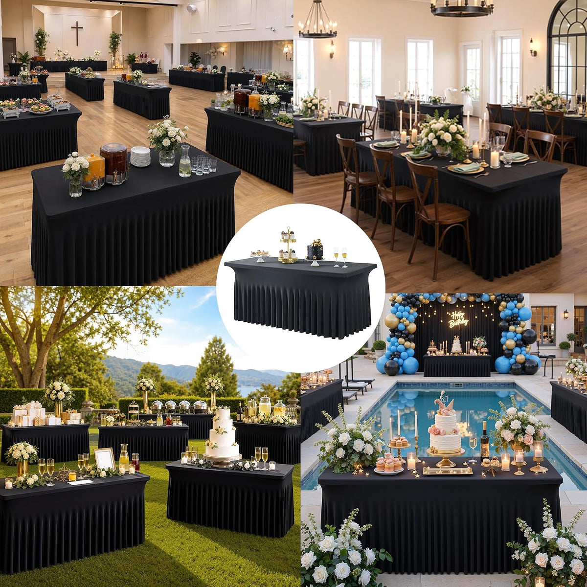 8ft Black Spandex Tablecloth for Rectangle Tables, 2 Pack for Wedding Party