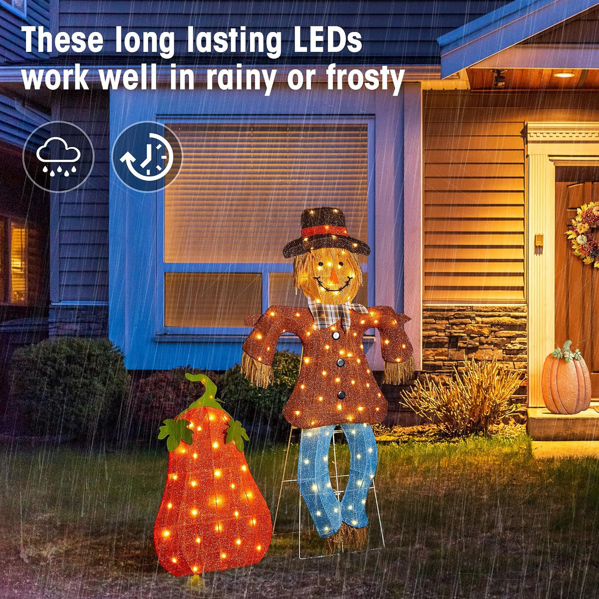 Glitzhome 4FT Fall Lighted Outdoor Scarecrow Decor, 2-Piece Pre-lit 2.5D Scar...