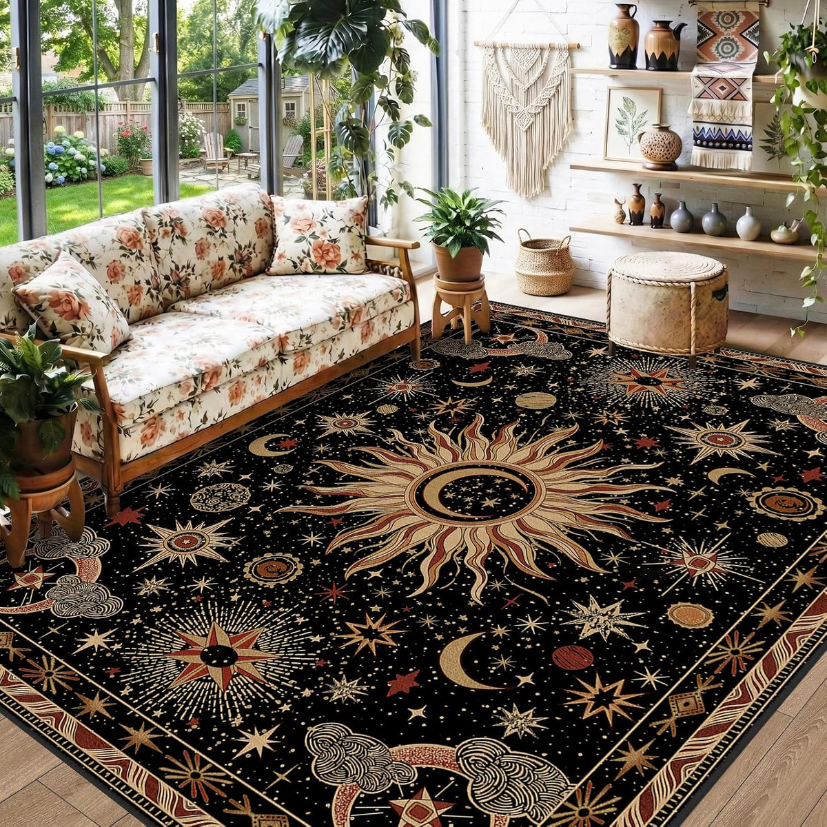 Vacuum-Friendly, 5x7 Washable Area Rug, Black Gold Beige Red
