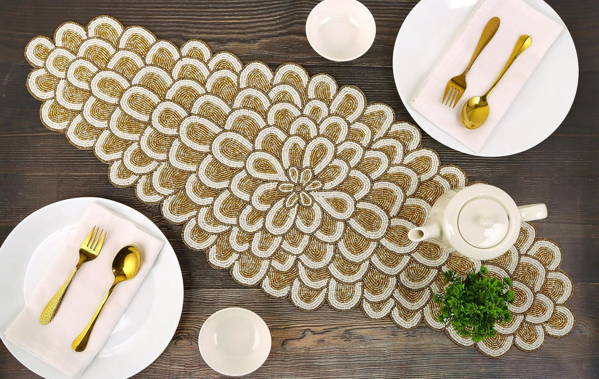 CLEENTABLE Gold Beaded Table Runner, 36 in, Farmhouse Holiday Décor