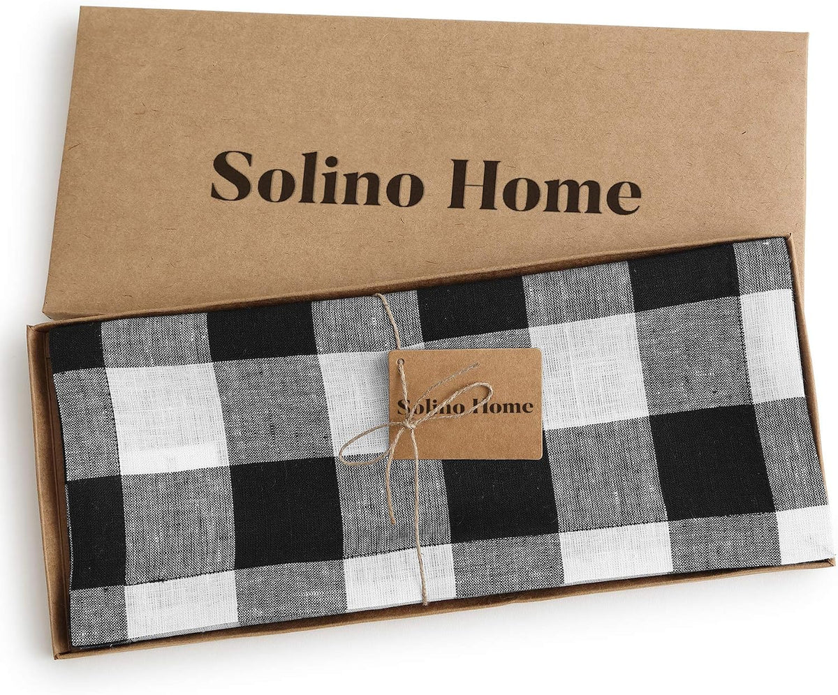 Solino Home 100% Linen Table Runner, 14 x 108 in, Black and White Check