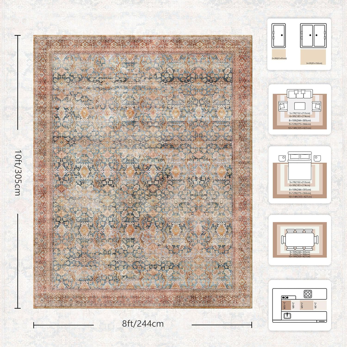 8x10 Area Rugs for Living Room - Washable Vintage Retro Large Rug, Soft Ultra...