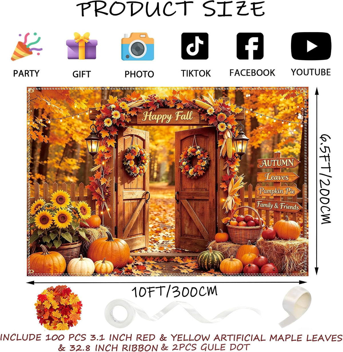 Fall Backdrop 10×6.5ft, with 100 Pcs Red & Yellow Artificial Maple Leaves