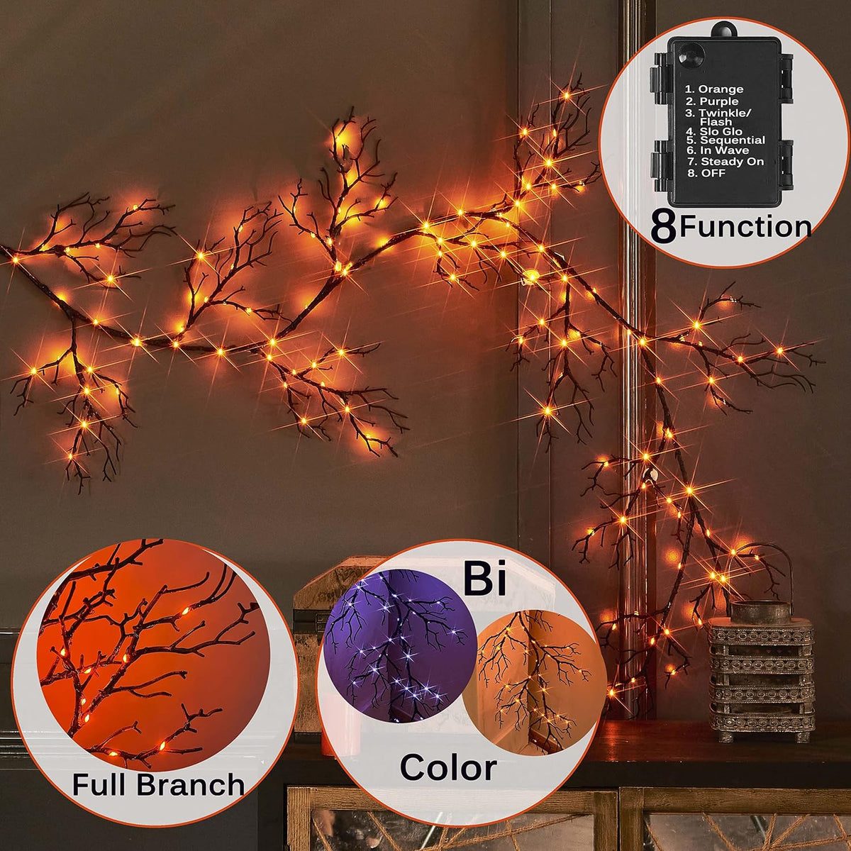 Hairui Halloween Garland with Lights 120 Orange and Purple Bi-Color Fairy Lig...
