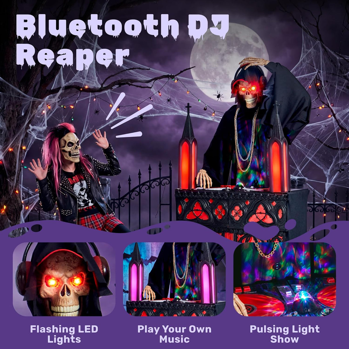 JOYIN 6ft Halloween Animatronic DJ Reaper Decorations, Outdoor Life-Size Goth...