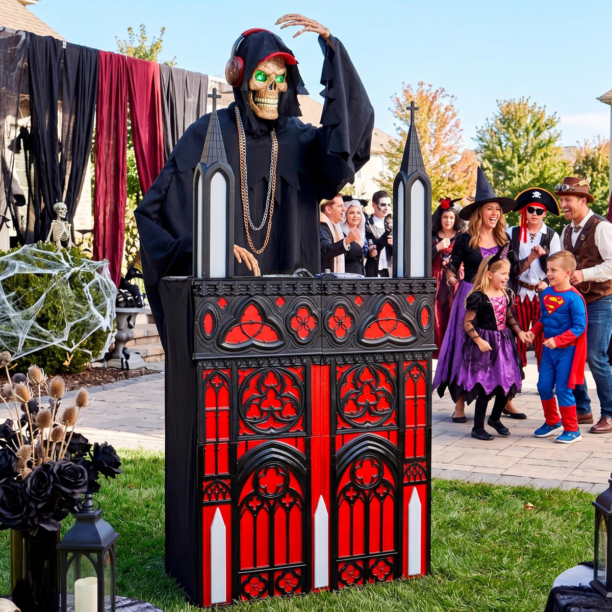 JOYIN 6ft Halloween Animatronic DJ Reaper Decorations, Outdoor Life-Size Goth...