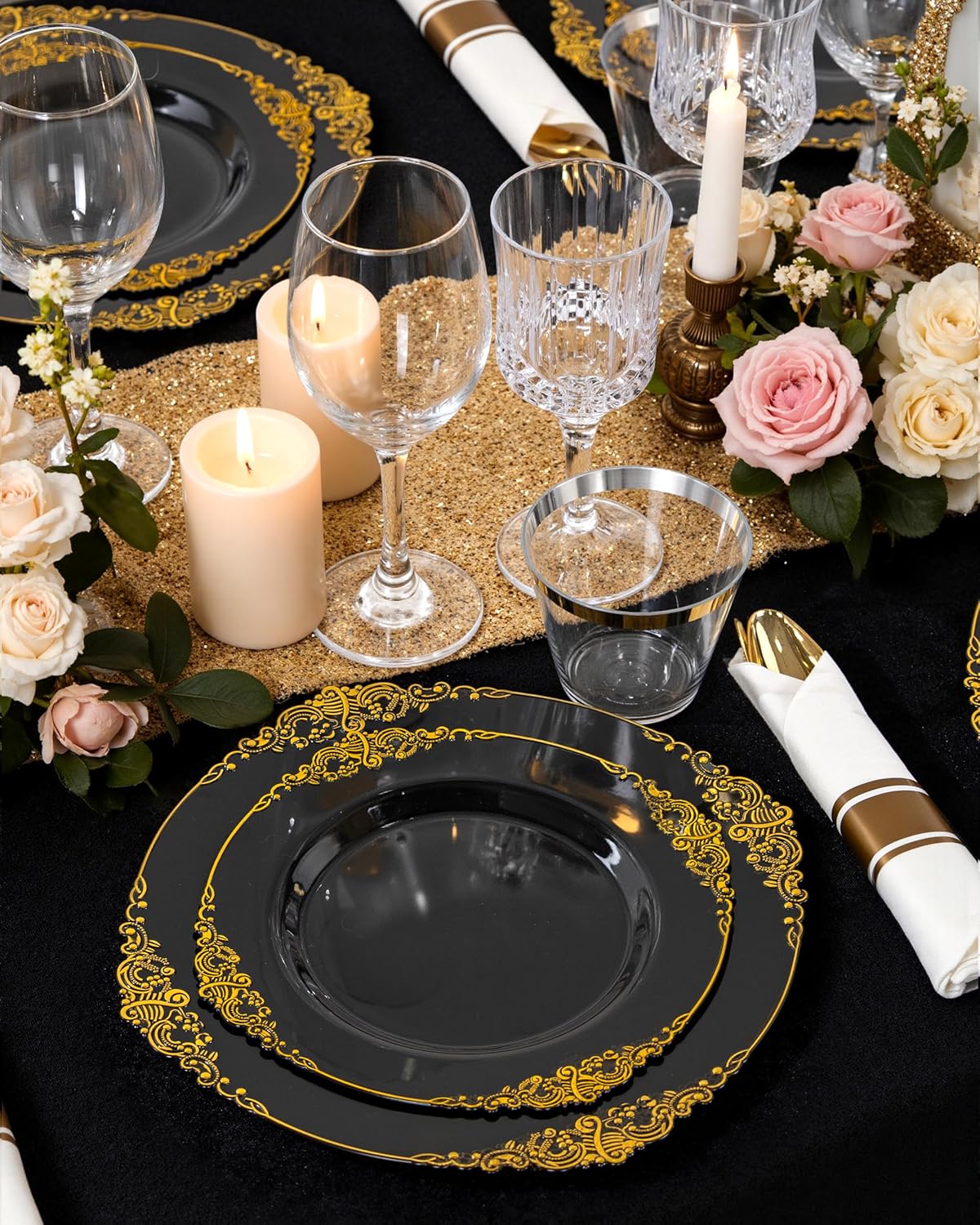 Nervure 100Pcs 10.25'' Black Plastic Plates, Party Plates for 100Guests
