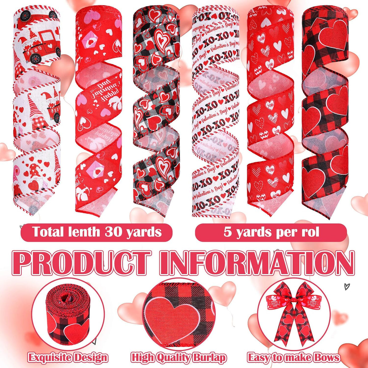 10 Pcs Valentine's Day Ribbon Including 4 Rolls Mesh Ribbon and 6 Rolls H...