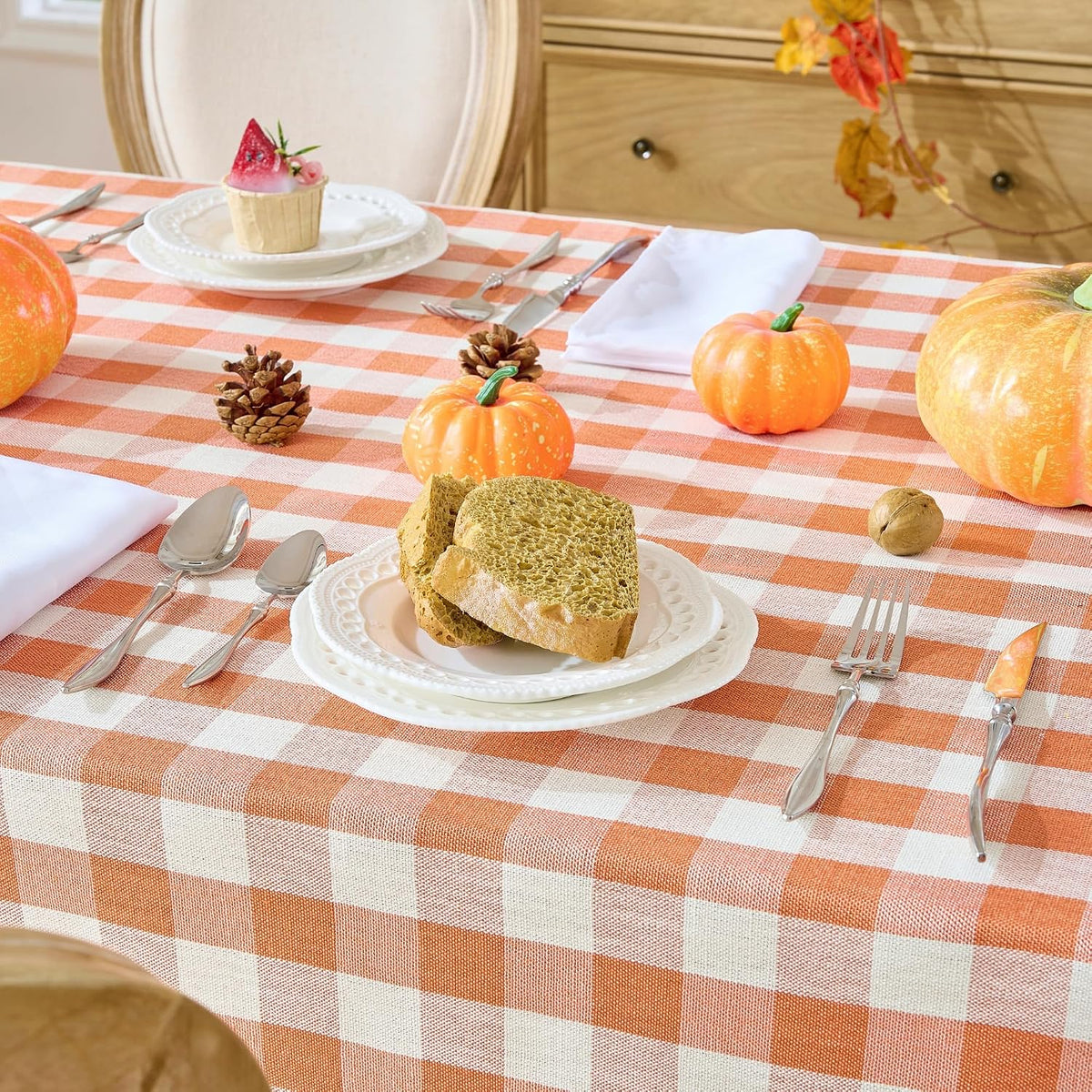 Orange Gingham Tablecloth, 60 x 90 Inch Rectangle Thanksgiving Table Cover