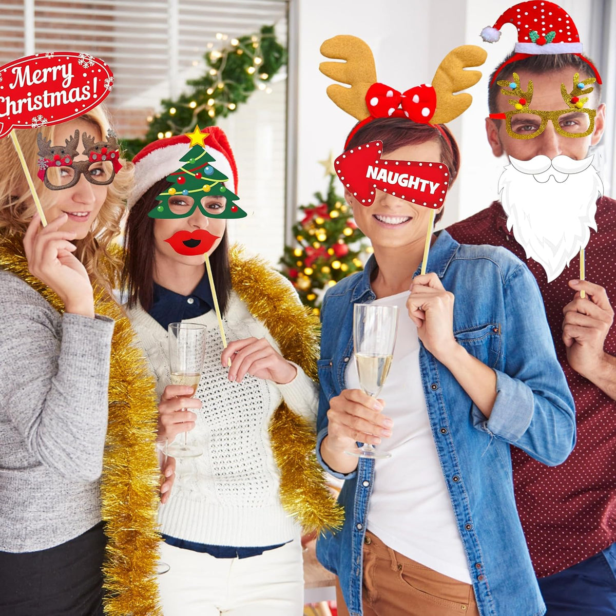 52 Pcs Christmas Photo Booth Props Kit, 20Pcs Glitter Eyeglasses Frame Hats H...