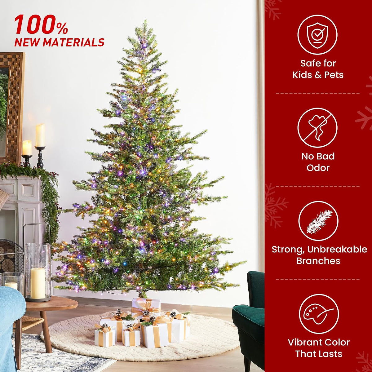 Glitzhome Prelit Christmas Tree, 7.5ft Green Full Christmas Tree Vibrant Ever...