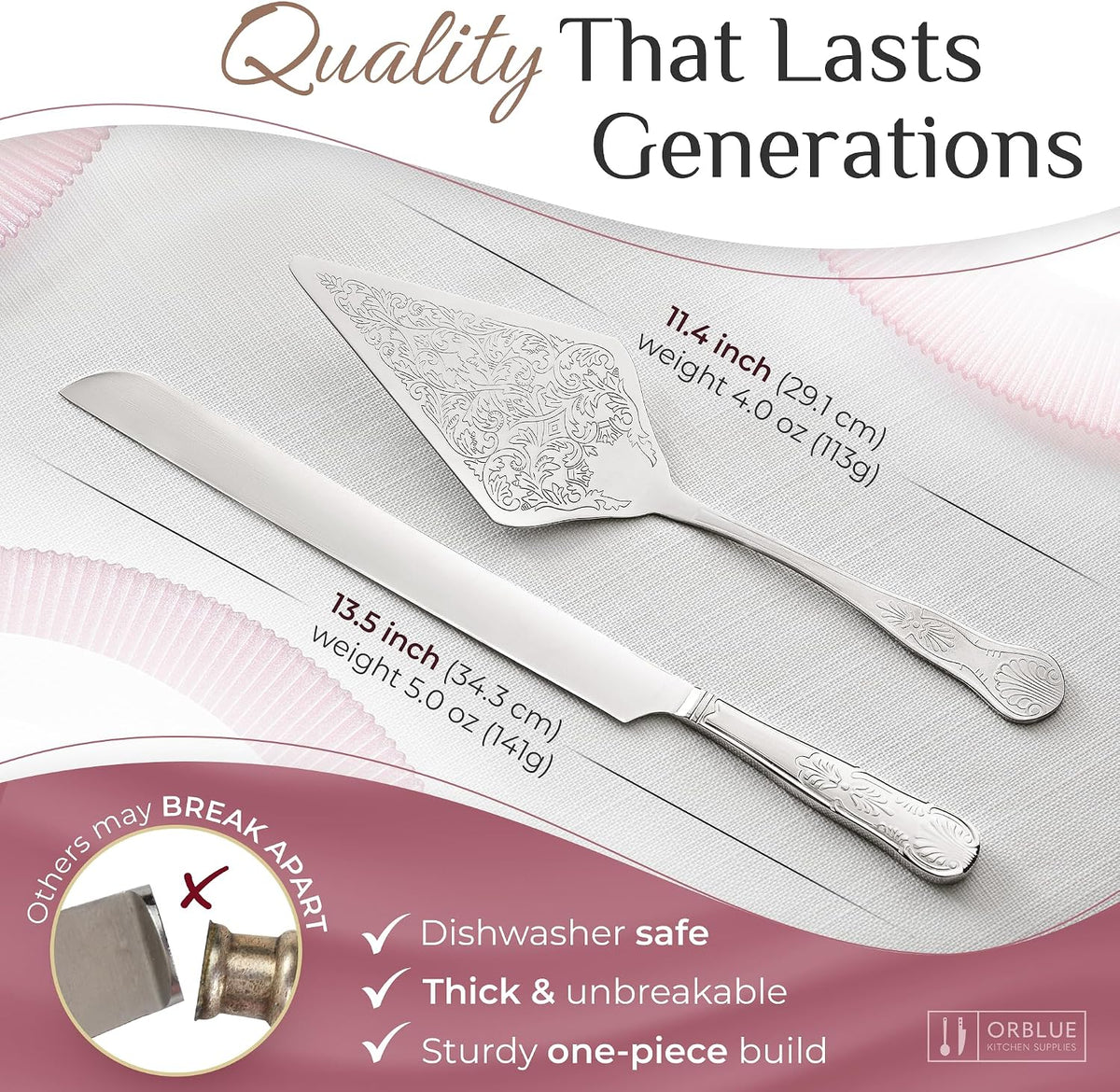Orblue Wedding Cake Knife and Server Set - Premium, Beautifully Engraved Cutt...
