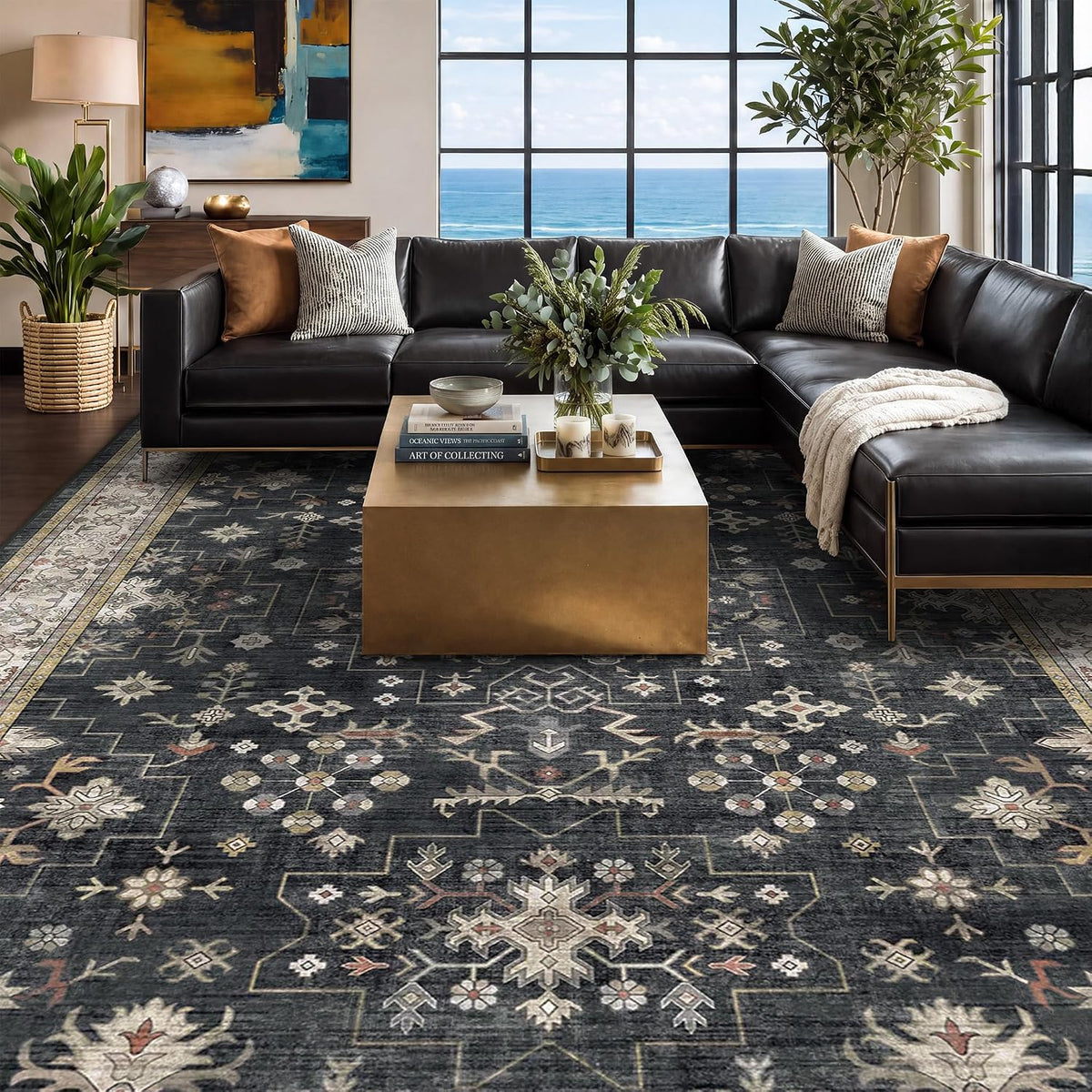 Black Farmhouse Washable 8x10 Area Rugs for Living Room, Bedroom, Dining Room...